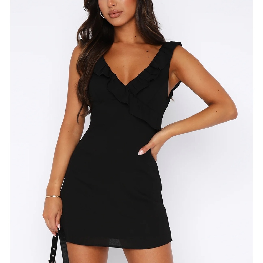 White Fox Boutique Black Ruffle V-Neck Mini Dress